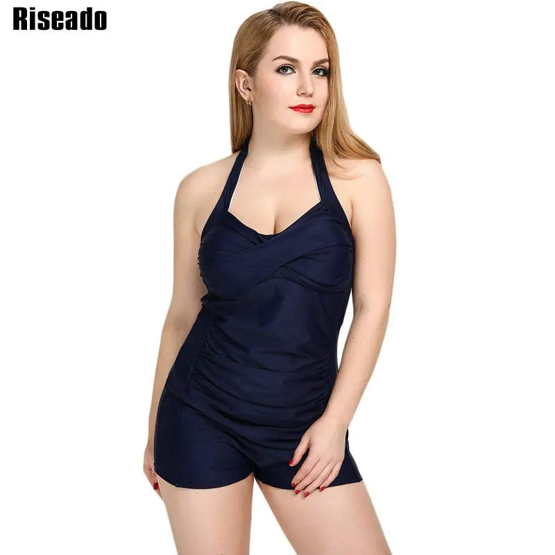 

Riseado 2017 Women's One Piece Swimsuit Swimwear Women Solid Plus Size Swim Wear Halter Sexy Bathing Suits 5XL