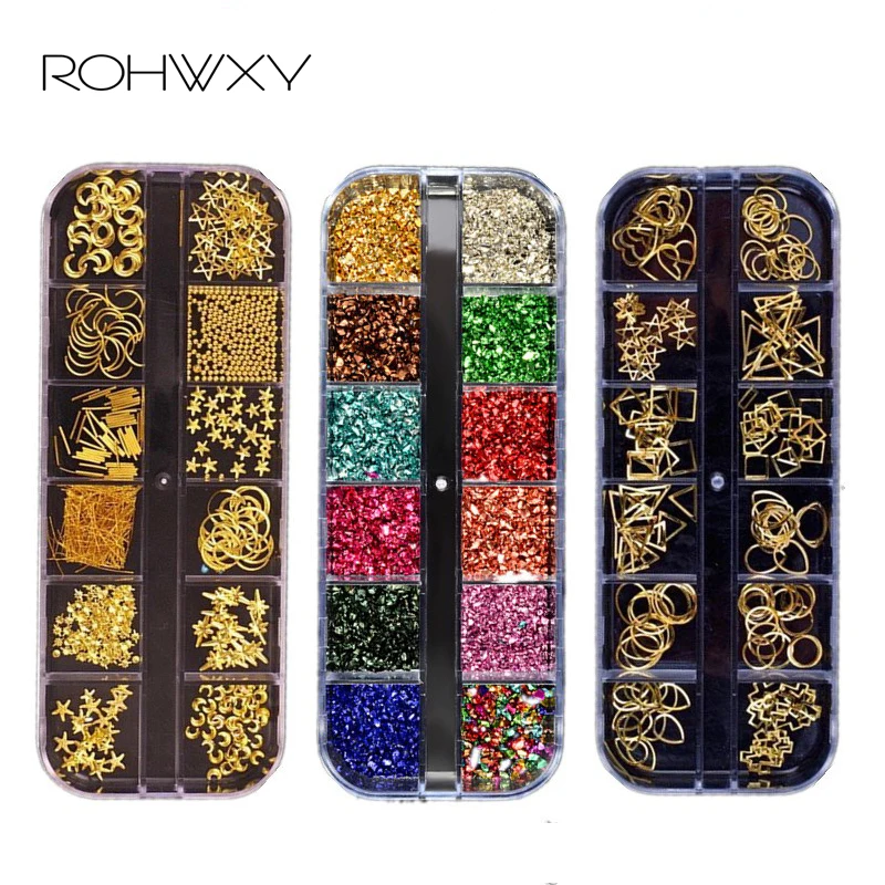 

ROHWXY 1Case 3D Nail Art Decorations Mixed Colorful Metal Frame Nail Rivets Shiny Charm for Manicure Nails Accessories