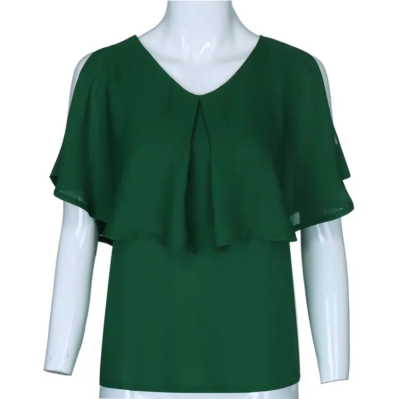 New Women Summer Fashion Office Ladies Elegant Vintage Solid O-Neck Cold Shoulder Overlap Blouse Ruffle Short Sleeve Top #4A23 (9)