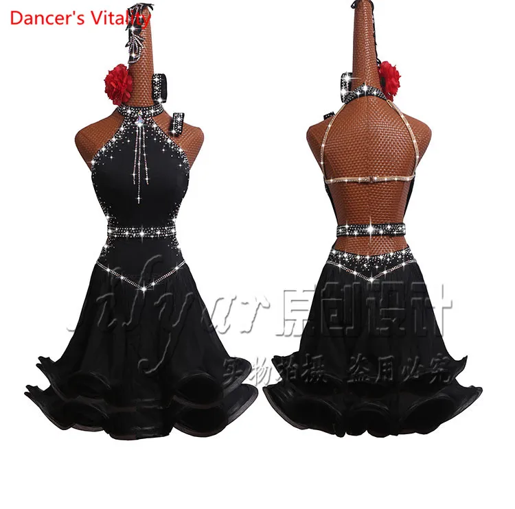 

Luxury Diamond Latin Dance Dress Women Dancing Performance Competition Clothes Sexy Off Shoulder Fishbone Coiling Dress