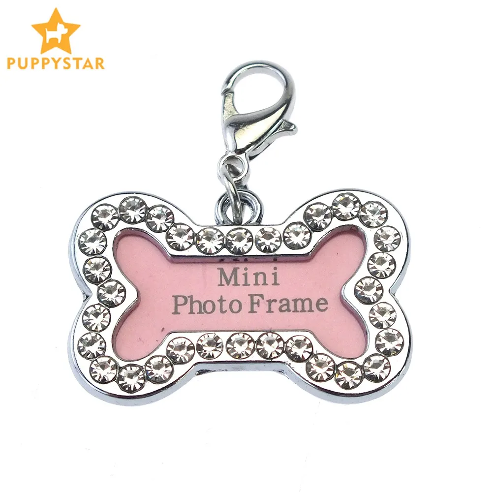 Pet Tag Dog ID Tag Solid Alloy Jeweled Diamonds Bone Photo Frame Dog