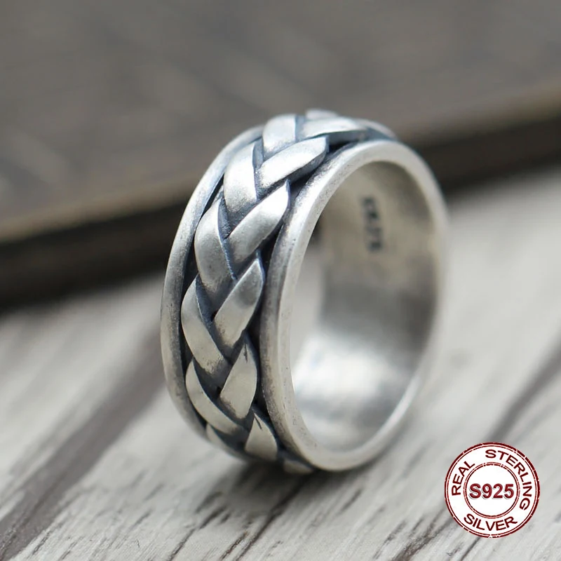 

S925 pure silver men's ring Personality retro weaving can be rotated to make old styles of the ring to restore ethnic style