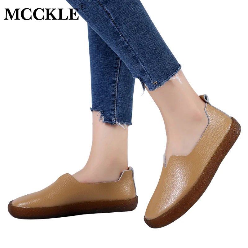 

MCCKLE Flats Women Genuine Leather Slip On Loafers Shallow Plus Size Fashion Female Shoes For Ladies Comfortable Solid Footwear