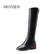 Muyisxi/женские сапоги до колена из натуральной кожи и PU искусственной кожи с молнией сзади зимние сапоги на квадратном каблуке 5 см цвета: черный, кофейный; размеры 34-40; LS01