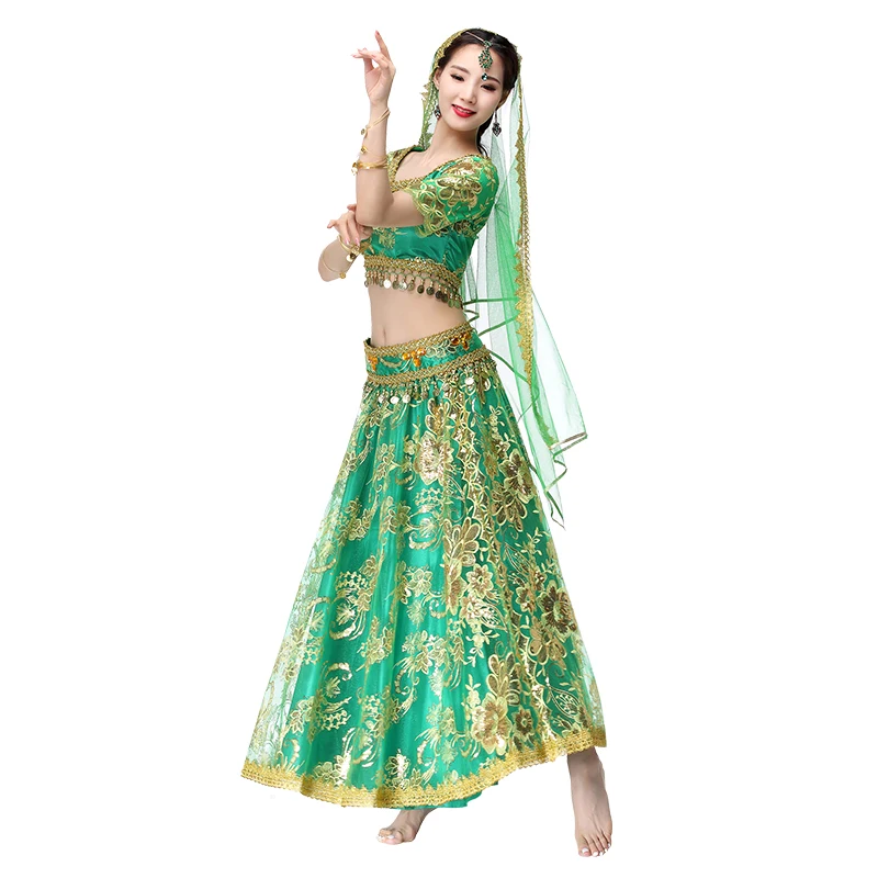 Новая женская одежда для танца живота, индийские танцевальные наряды из органзы, вышитые монеты, болливуд, костюм, комплект из 4 предметов(топ+ пояс+ юбка+ вуаль