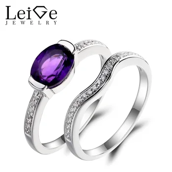 

Leige Jewelry Real Natural Amethyst Ring Wedding Ring Purple Gemstone February Birthstone Bridal Sets Rings 925 Sterling Silver