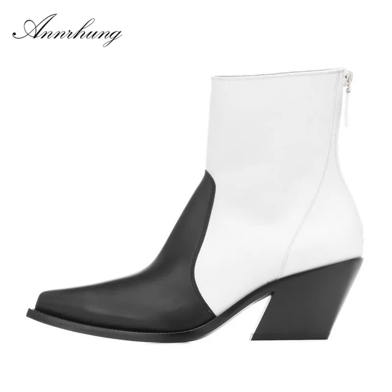 

Black White Patchwork Chelsea Ankle Boots Women Retro Square Heel Pointed Toe Genuine Leather Spring Short Boots For Women