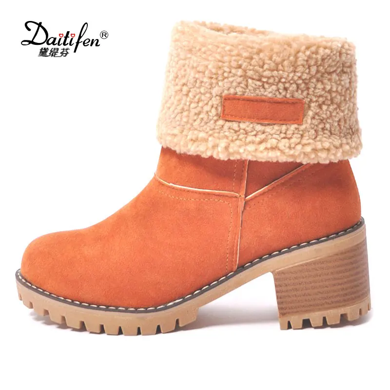 

Daitifen new high quality Winter Snow warm fur boots women square heels autumn winter ankle boots solid color snow boots 35-43