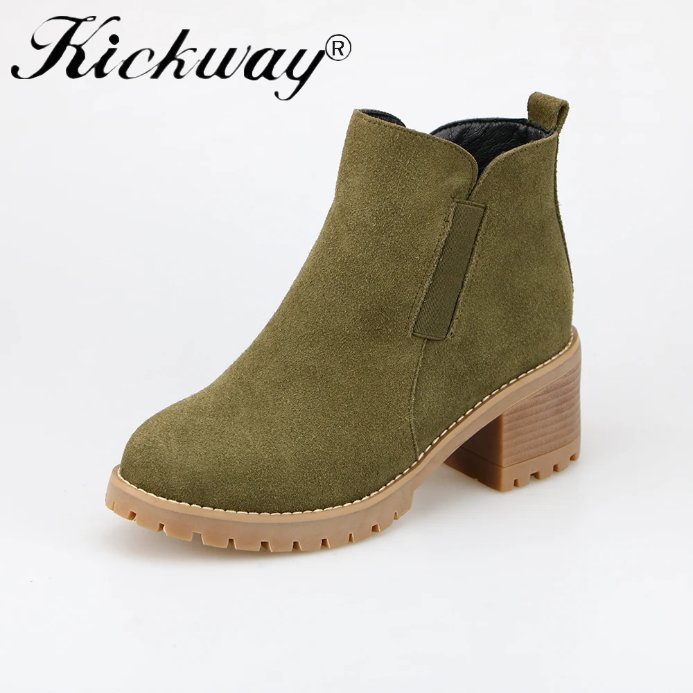 

Kickway Woman Fashion Genuine Leather Motorcycle Ankle Boots Female slip on med Heels Platform Comfortable Spring Autumn Shoes