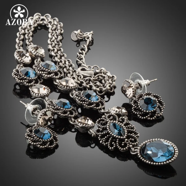 AZORA Эксклюзивный Цвет: старое серебро синий Stellux австрийский кристалл серьги и ожерелье набор TG0034