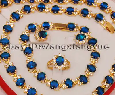 

Charming!Blue Zircon Necklace Bracelet Ring Sets>^^1>18K gold plated watch Quartz stone CZ crystal