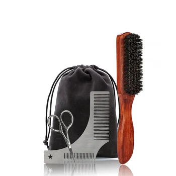 

Bristle Wooden Handle Brush Two-Sided Stainless Steel Comb Beard Grooming Set With Gift Package