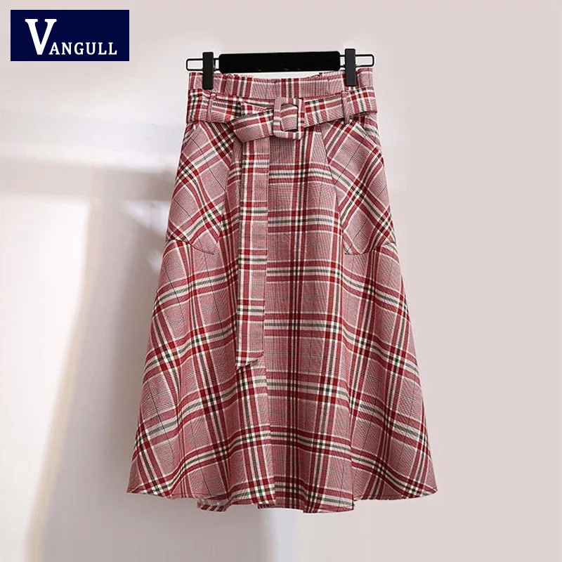 

VANGULL summer autumn women skirt New Female slim high waist plaid casual skirts Ladies Office Knee-Length red A-line skirt