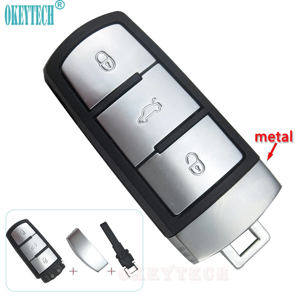 

OkeyTech 3 Buttons Smart Card Cover Case With Small Key Blade Car Key Shell for vw key Replacement FOB For Volkswagen Magotan