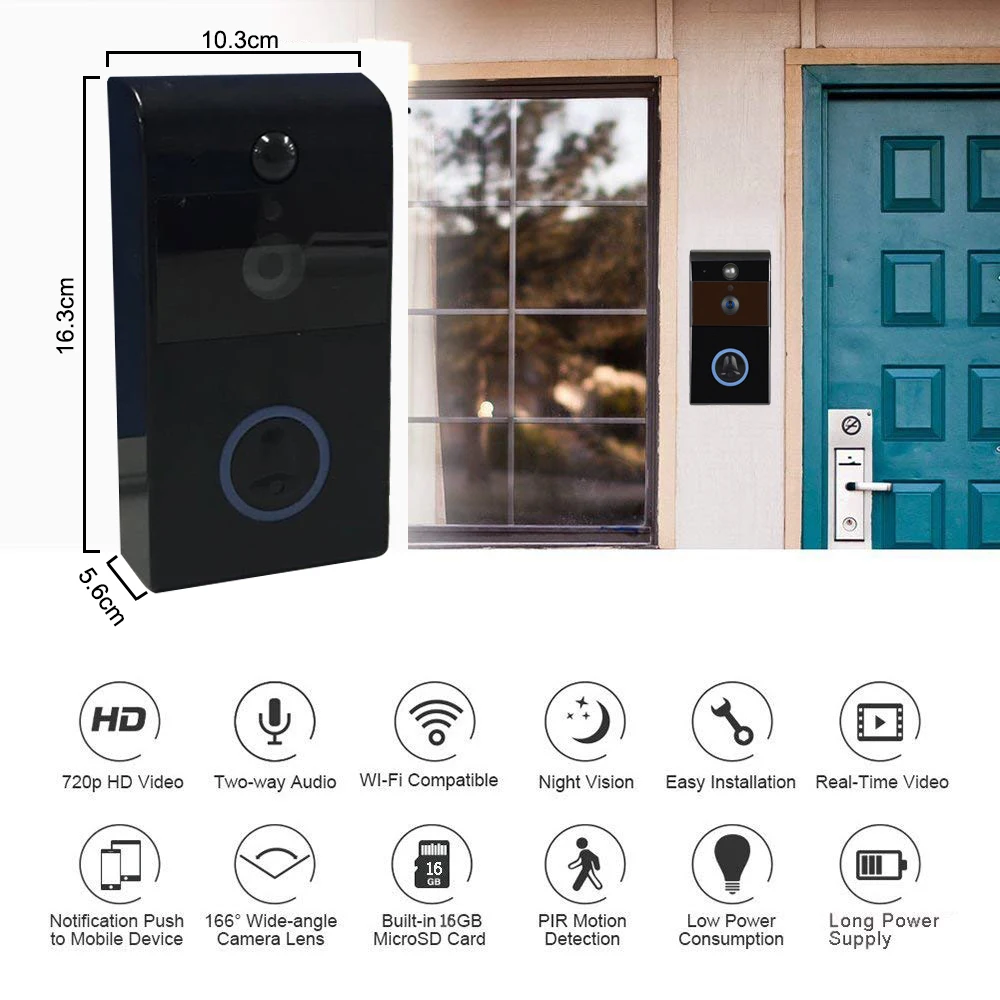 

Smart Video Doorbell Camera 720P Visual Call Intercom Door Bell Infrared Night Vision Remote Record Home Security Monitoring