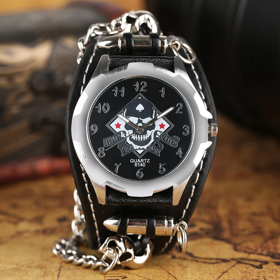 YISUYA Quartz Watch Men Skull Bullet Bracelet Wristwatch Gothic Style Cool Punk Chain Watches Leather Strap Men Dress Xmas Gift (1)