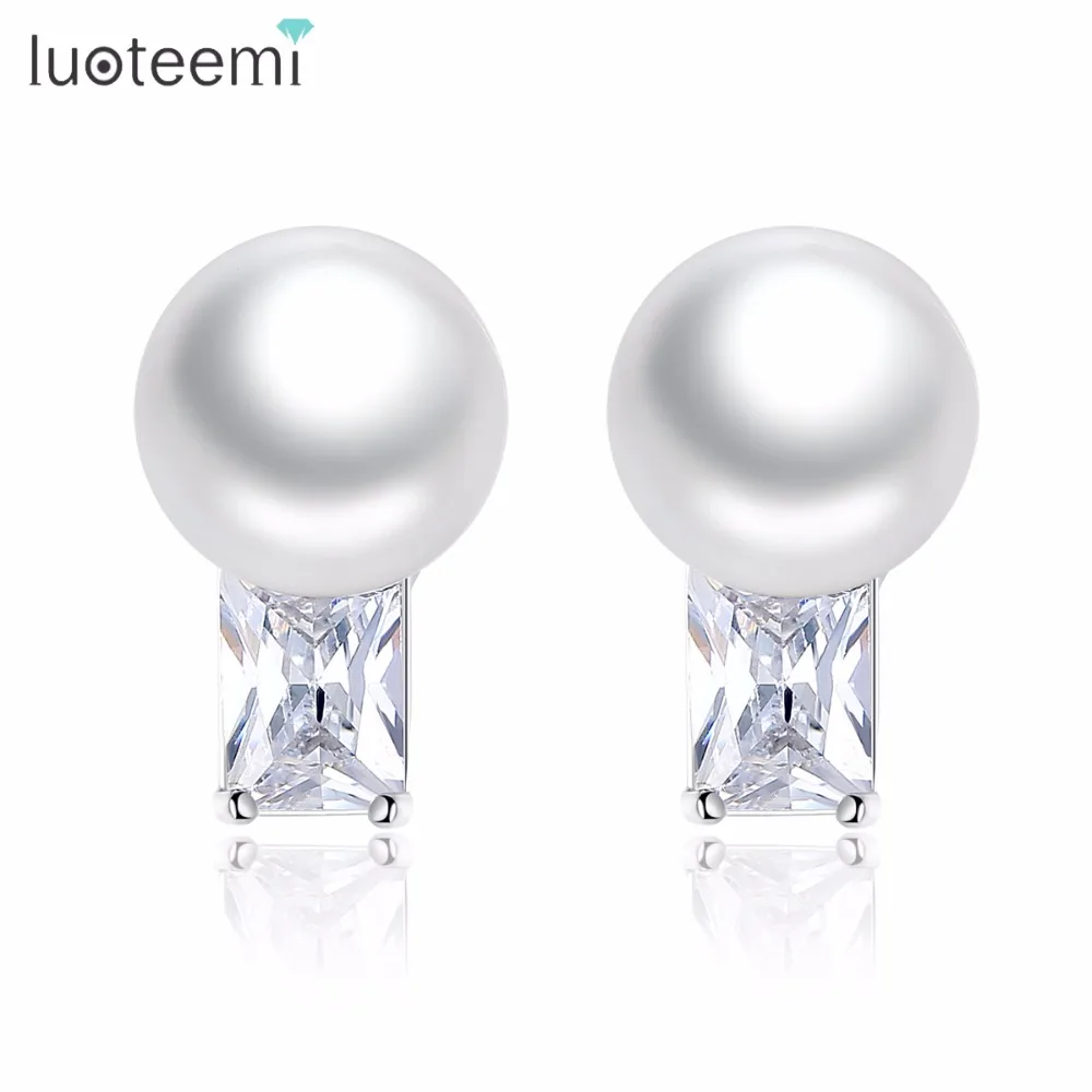 LUOTEEMI, серьги-гвоздики в романтическом стиле ААА квадратной формы с цирконием белого золота, серьга с искусственным жемчугом, модное ювелирное изделие для женщин, подарок