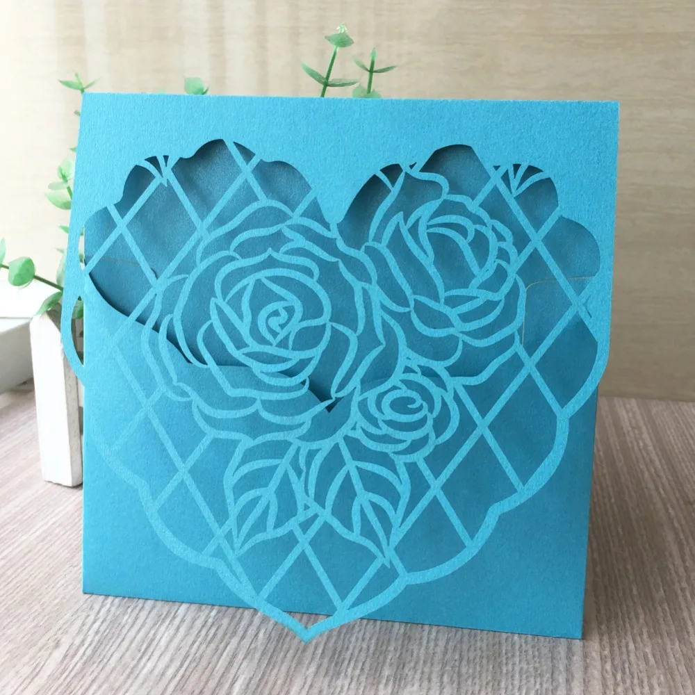 50pcs/lot Romantic Blue Roses Heart Invitation Pearl Paper Card For Wedding Engagement 16th Birthday Mother Day | Дом и сад