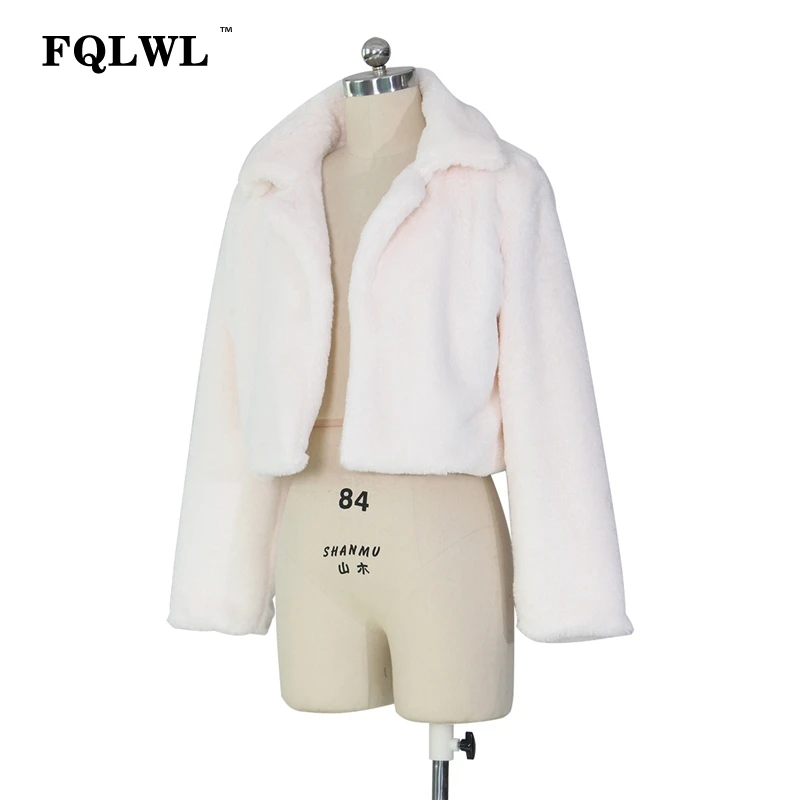 FQLWL Fluffy Faux Fur Coats Women Solid Furry Teddy Turn Down Collar Cropped Jacket Fur Female Overcoat Winter Warm Outerwear