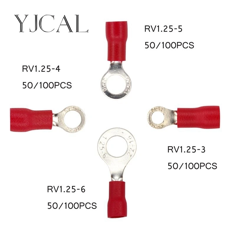 

Crimp Terminal RV1.25 -3 -4 -5 -6 Combination 50PCS 100PCS Red Cable Wire Connector Ring Insulated Terminal Block A.W.G 22-16