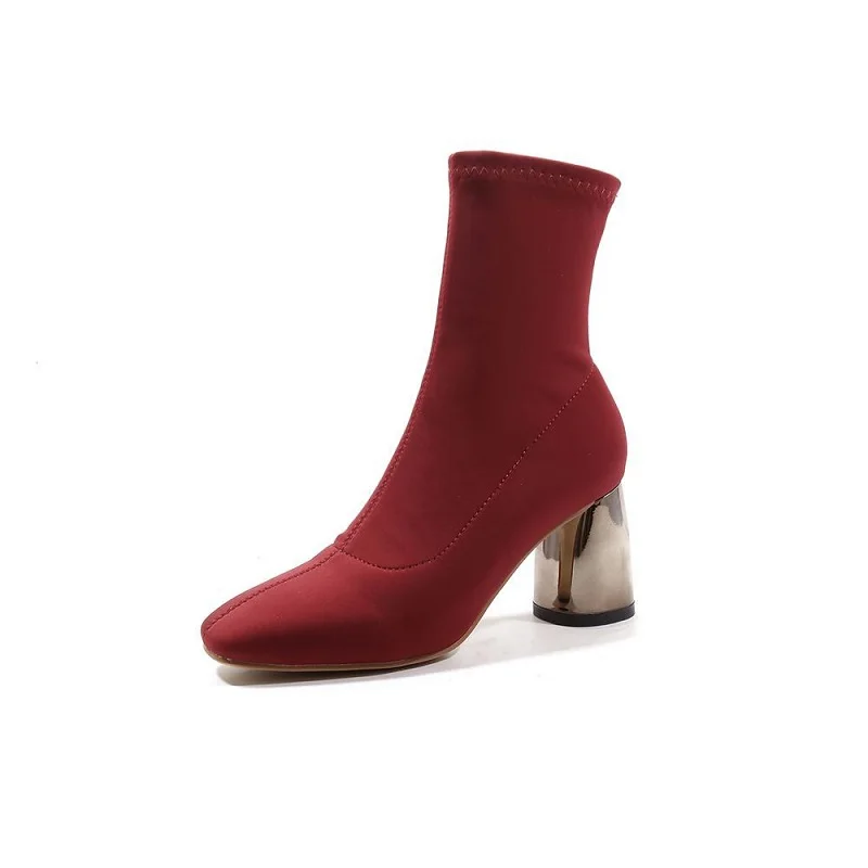 

2018 explosion models boots foreign trade pointed thick with elastic European and American boots red 1129