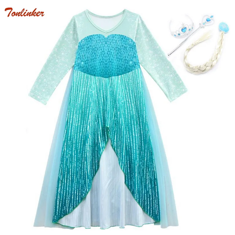 

New Elsa Dresses For Girls Hair Accessory Princess Anna Elsa Costumes Party Cosplay Elza Vestidos Set Children Girls Clothing