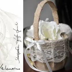 Ретро Цветочная корзина Мешковина Свадебная корзина с белым кружевным бантом декоративная корзина для цветов для девочек свадебный