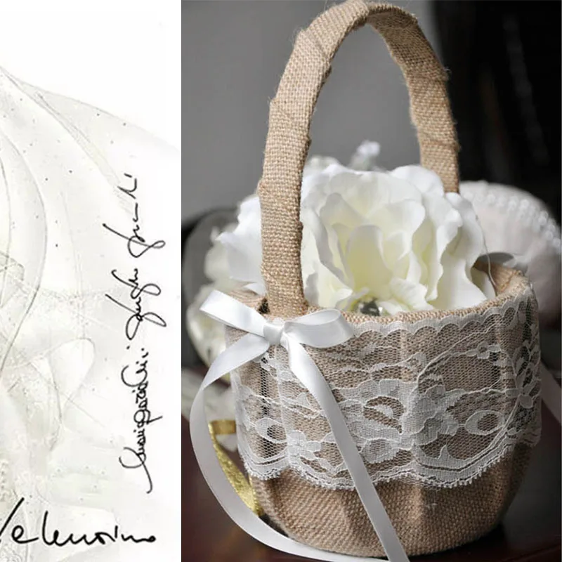 

Retro Flower Basket Burlap Wedding Basket With White Lace Bow Decorative Flower Basket For Girls Bride Wedding Flower Supplies