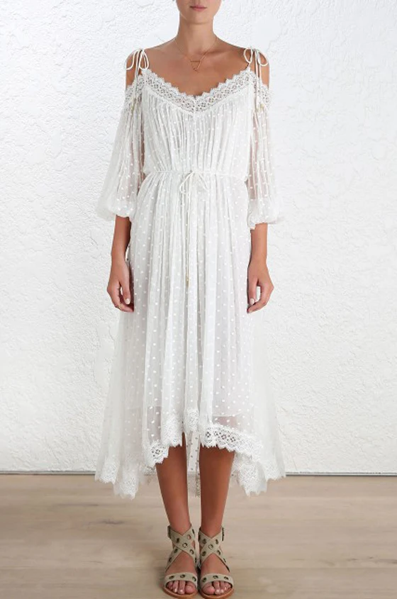 

white black lace dress polka dot midi chiffon strap v neck off shoulder summer loose beach sundress long boho