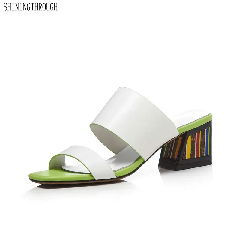

Women genuine Leather slipper Square Heel Fashion Summer Slip-On Comfort Slippers Lady Sandals Women Casual Shoes Woman