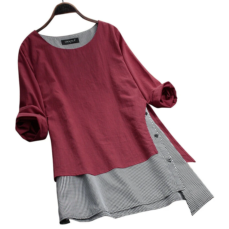 Linen Fake Two Pieces Shirt Dress Woman Casual Long Sleeve Dresses Lady Irregular Pullovers Dress Women Plus Size Blouse Dresses