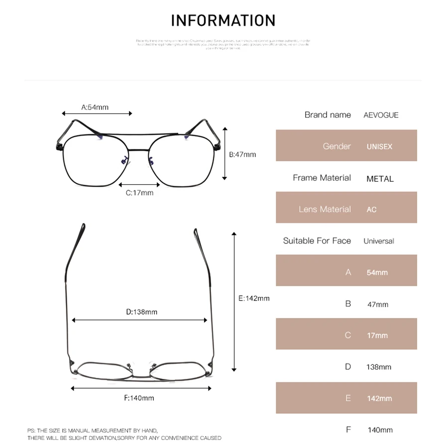 AEVOGUE очки женские пилот двойной мост металлический Прозрачный Близорукость Рамка Рецептурные очки унисекс AE0725