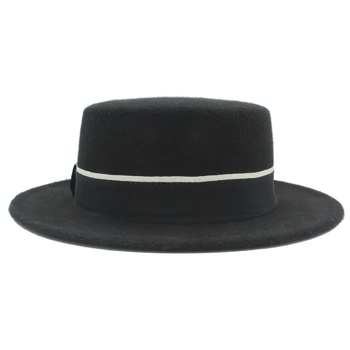 Black Женская и Мужская шерстяная шляпа на плоской подошве, homberg Fedora, элегантная женская шляпа, зима-осень, джаз, церковь, батер, свиной пирог, топ, кепки, черная лента, хорошая упаковка - Цвет: Black