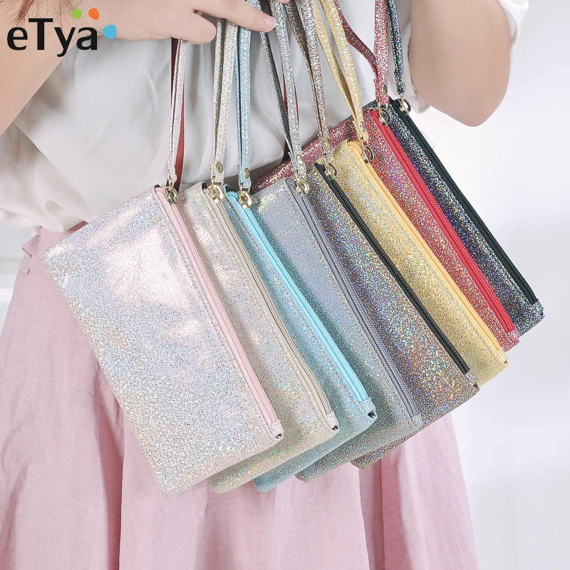 

eTya Simple Women Wallets Sequins PU Leather Zipper Clutch Coin Purse Phone Bag Portable Key Card Cosmetics Storage Handbag Bags