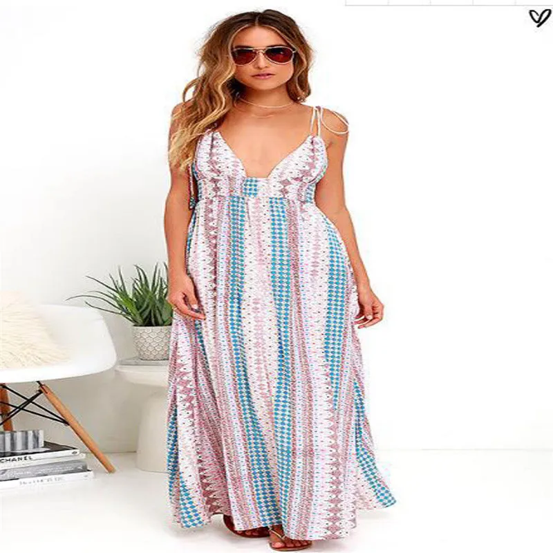 Trendy Women dress backless Geometry V neck sleeveless Summer Boho Casual Party cotton Beach