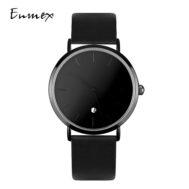 

2019 Enmex creative wristwatch cool black charm with calendar casual Genuine leather fashion Stylish clock quartz watch