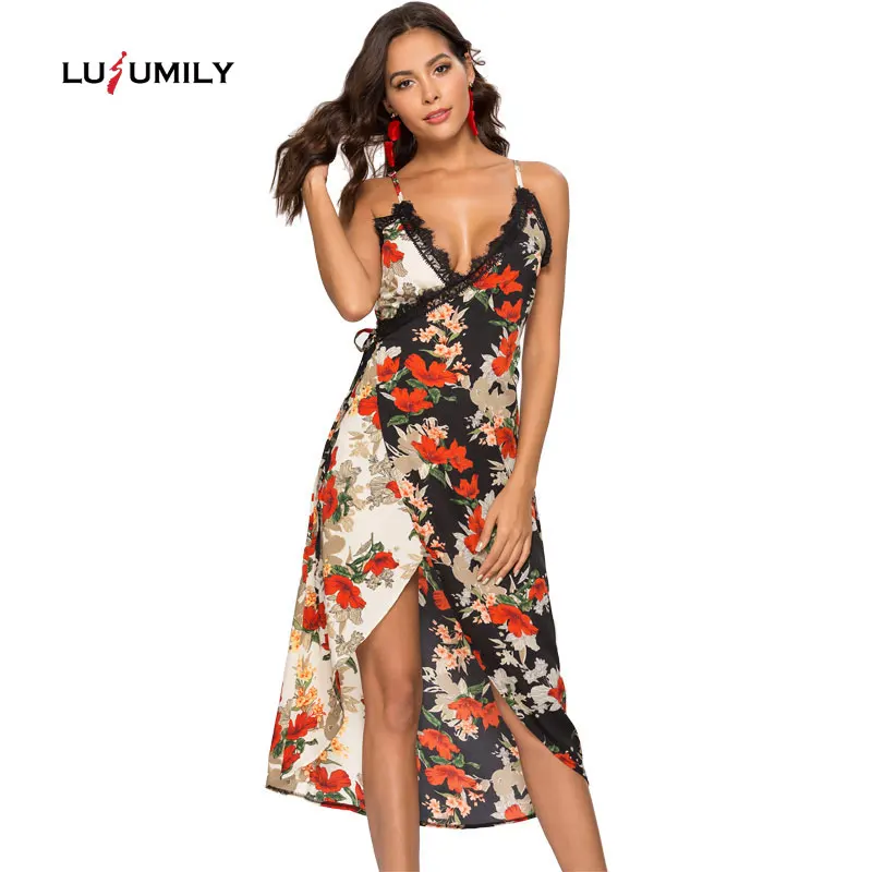 

Lusumily Sexy Fashion Summer Beach spaghetti strap Long Print Dress Women V-Neck Sleeveless Lace Floral Vintage Party Dresses