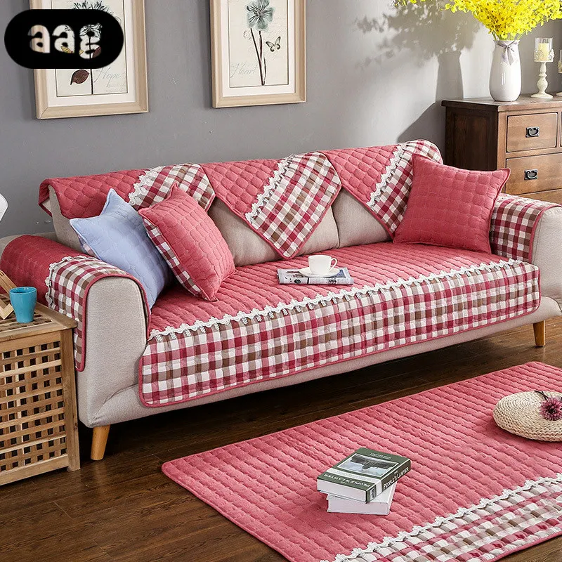 AAG Modern Sofa Cover mat Towel Pad Thick Cotton Plaid Slip Resistant