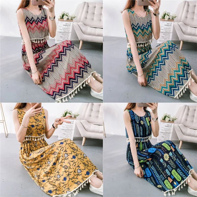 

New 2019 summer women long cold cotton Abstract Art printed bohemian dress tassel lace vestidos maxi beach florar sleeveless