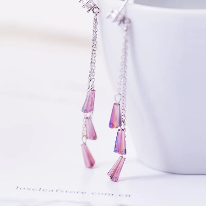 purple crystal tassel earring 100% 925 Sterling silver Jewelry fashion Hypoallergenic Stud earrings for women girl gift