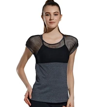 Черные топы для йоги, Женская сетчатая Лоскутная футболка, Спортивная Женская эластичная футболка для йоги, быстросохнущая бесшовный для спорта