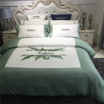 

Light green and white duvet cover set 4 piece sateen cotton bed linen leaves embroidered bedding Double King size sheets satin