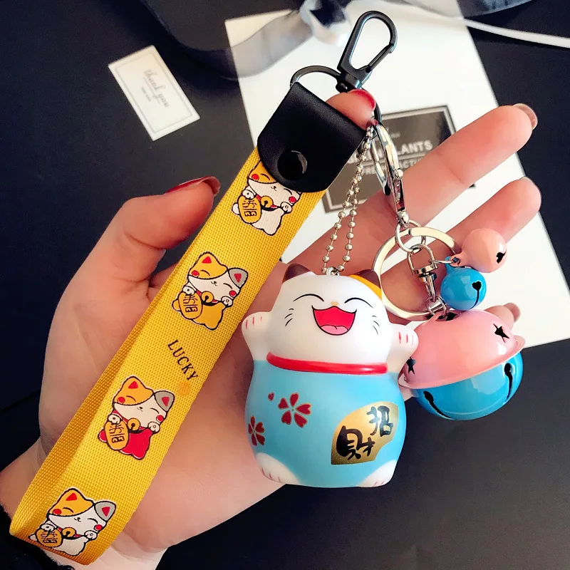 Cartoon Cute Animal Smile Face Lucky Cat Keychain Braid Belt Bells Key Ring Women Car Bag Charm Key Chains Pendant Trinkets Gift