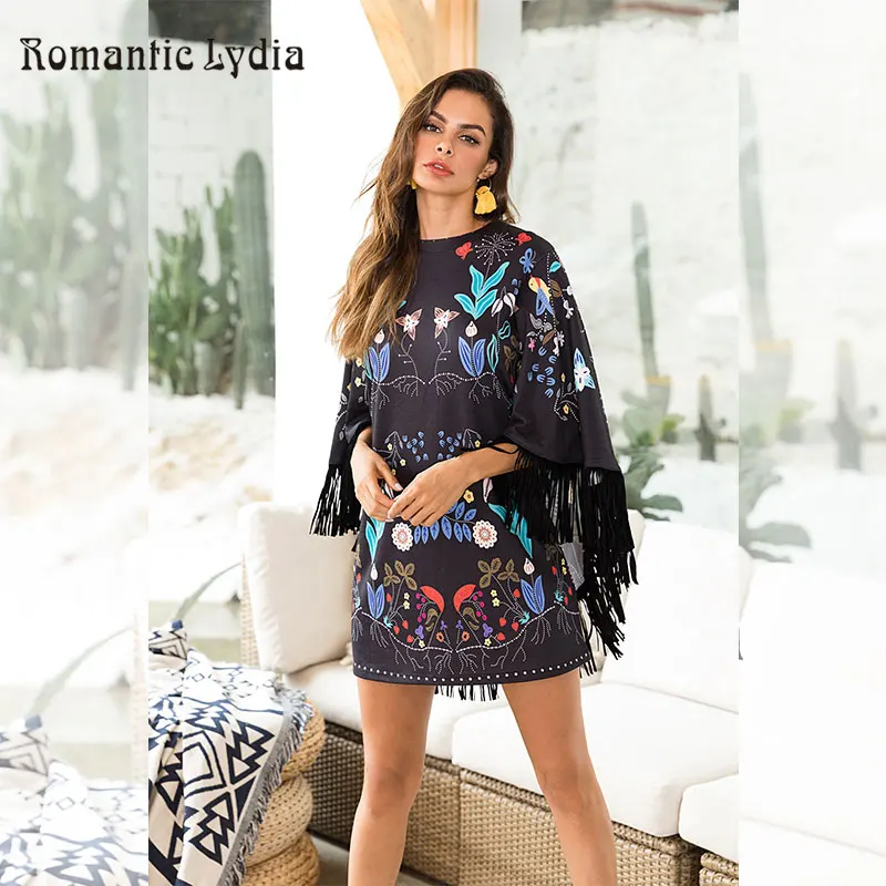 Летнее платье А силуэта с цветочным принтом разноцветное длинным рукавом и