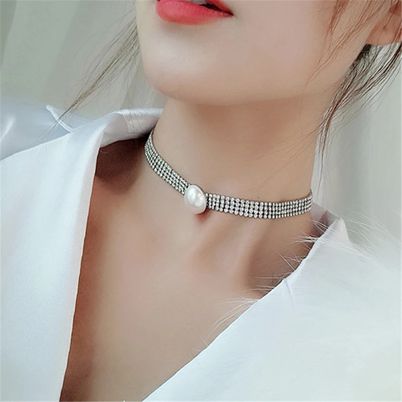 

Fashion Korean Pearl Short Necklace Collar Rhinestone Chain Necklace Women Summer Jewelry Accessories FSPXL218