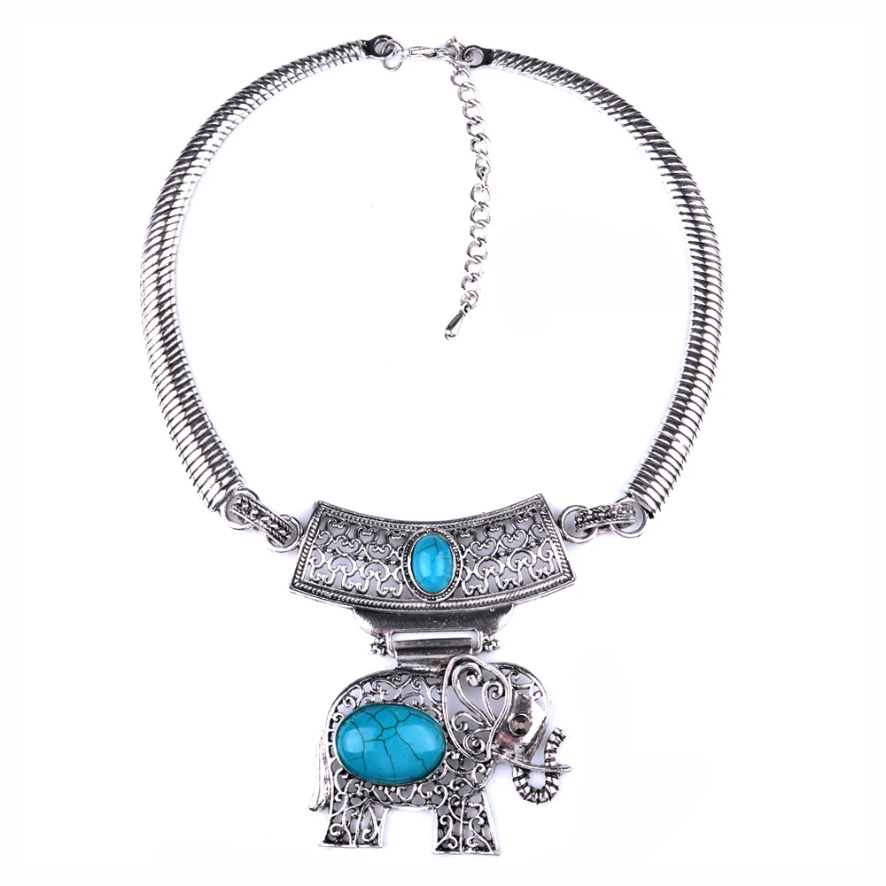 

MYTHIC AGE Antique Silver Color Elephant Howlite Stone Pendant Vintage Statement Choker Collar Necklace Jewelry for Women