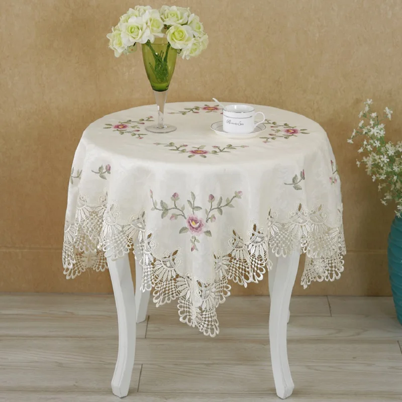 

European Style Square Tablecloth with Lace Embroidery Flower Design Round Table Cover Home Decorative 85x85cm in Dinning Room