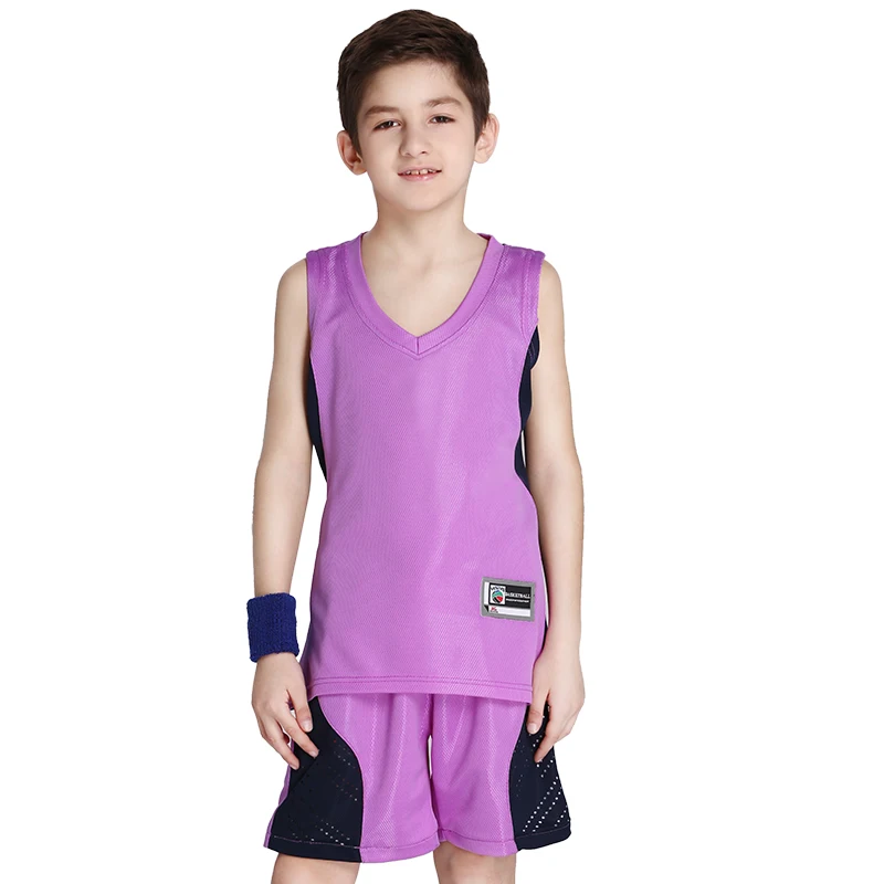 Детский баскетбольный костюм из джерси и шорт, 10 цветов комплект спортивной одежды для мальчиков с логотипом с именным номером, 125 до 175 см - Цвет: Light purple