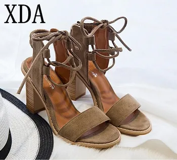 

XDA 2018 NEW fashion Sexy Women Pumps Open Toe Lace up Heels Sandals Woman sandals Thick with Women Shoes women High heels