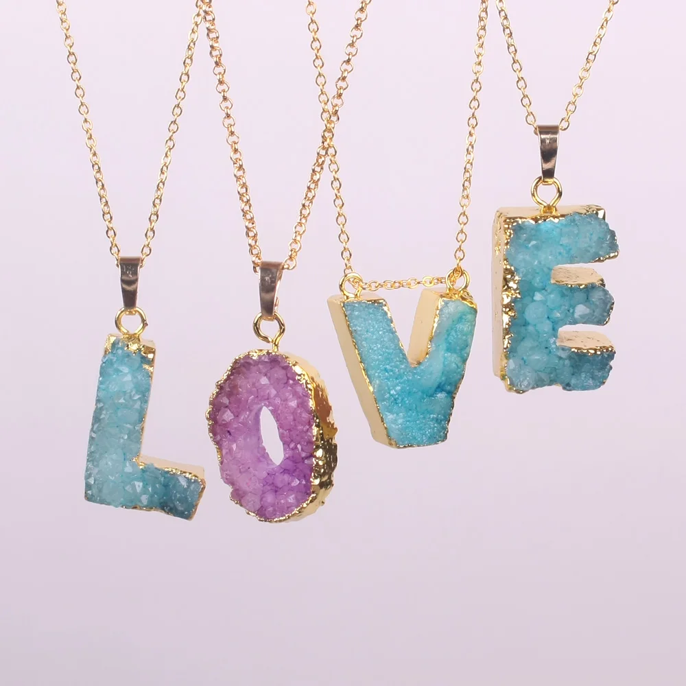 

Hot Fashion Handmade Alphabet Letter Charms Number A-Z Letters Nature Stone Drusy Druzy Pendant Necklaces for Women Gifts